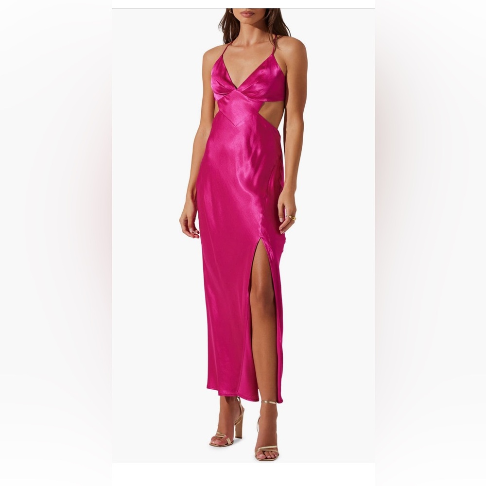 ASTR Norelle Fuschia Satin Halter Maxi Dress